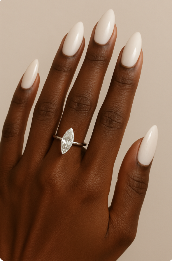 Black woman's hand with marquis engagement ring and short almond shaped nails